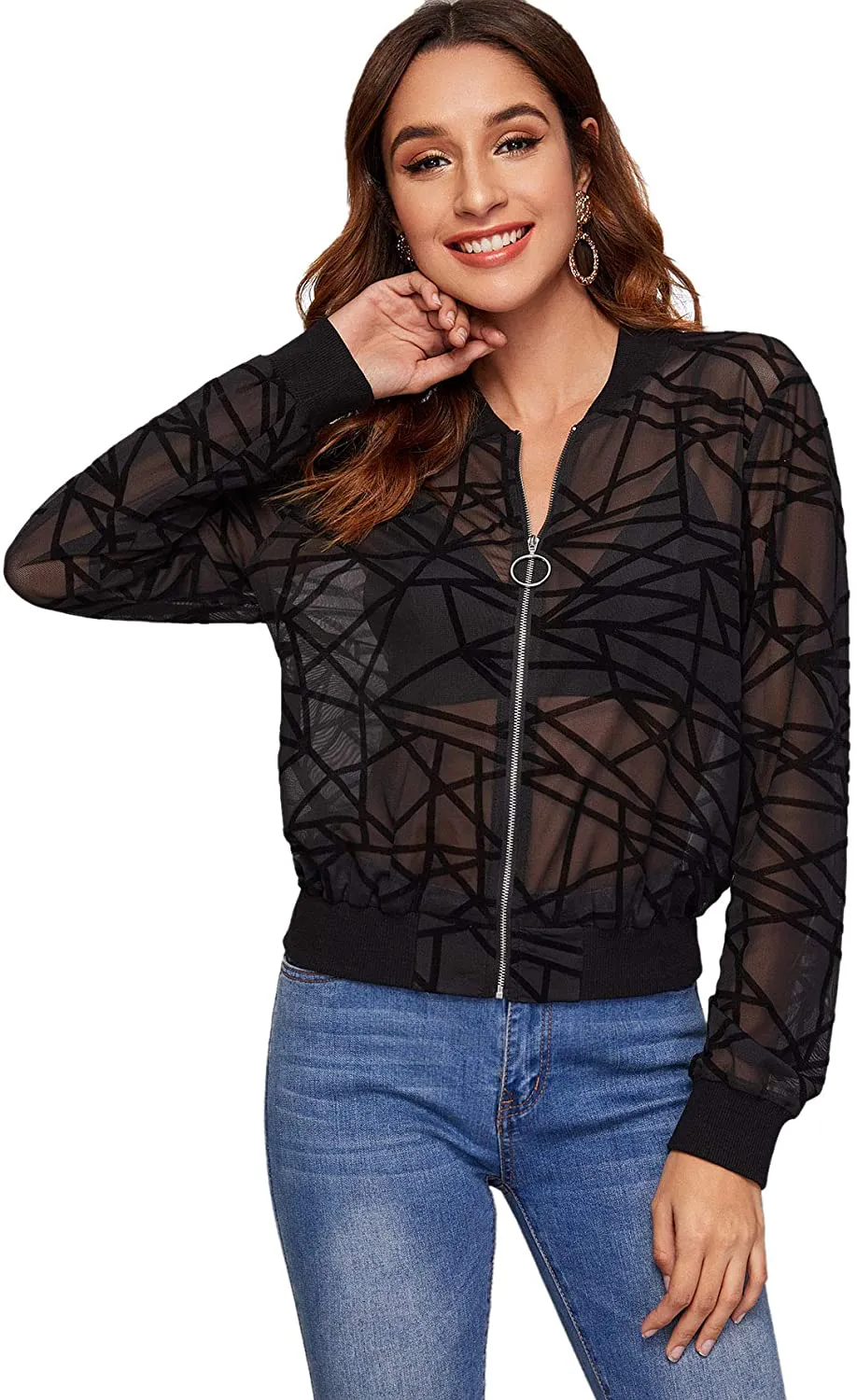 SweatyRocks Women's Summer Zip Up Light Weight Long Sleeve Mesh Bomber Jacket