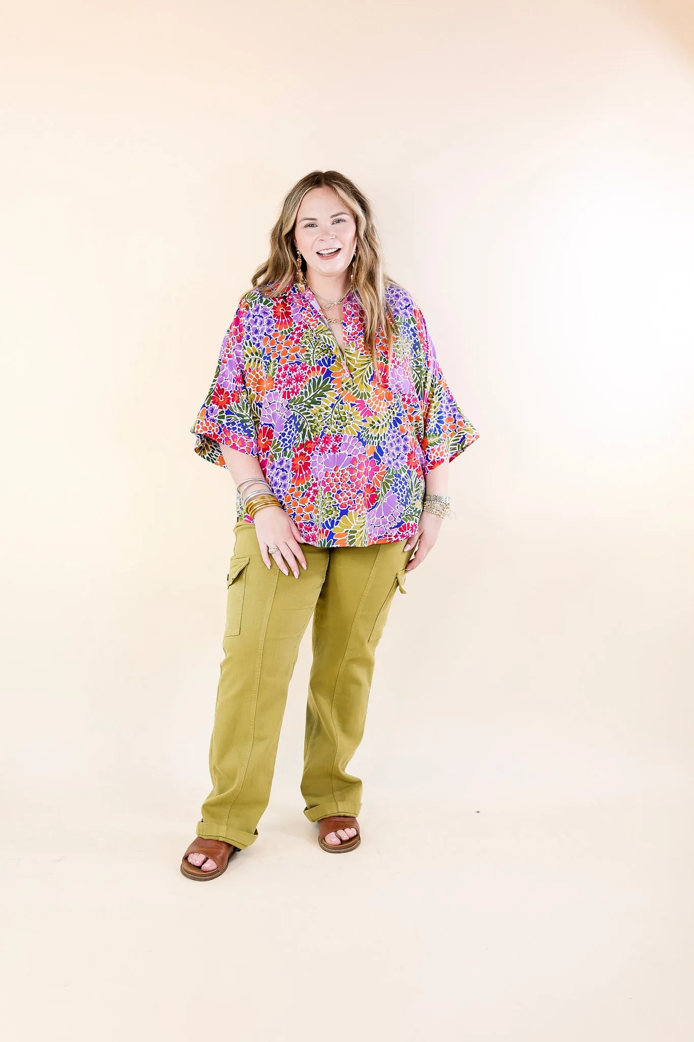 Sweet Surprise Multi-Color Floral Print Half Button Up Poncho Top with Collared Neckline