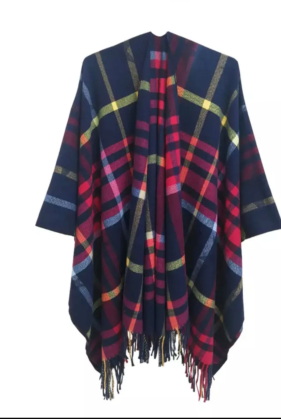 Tartan Plaid Poncho, Open Front Cape