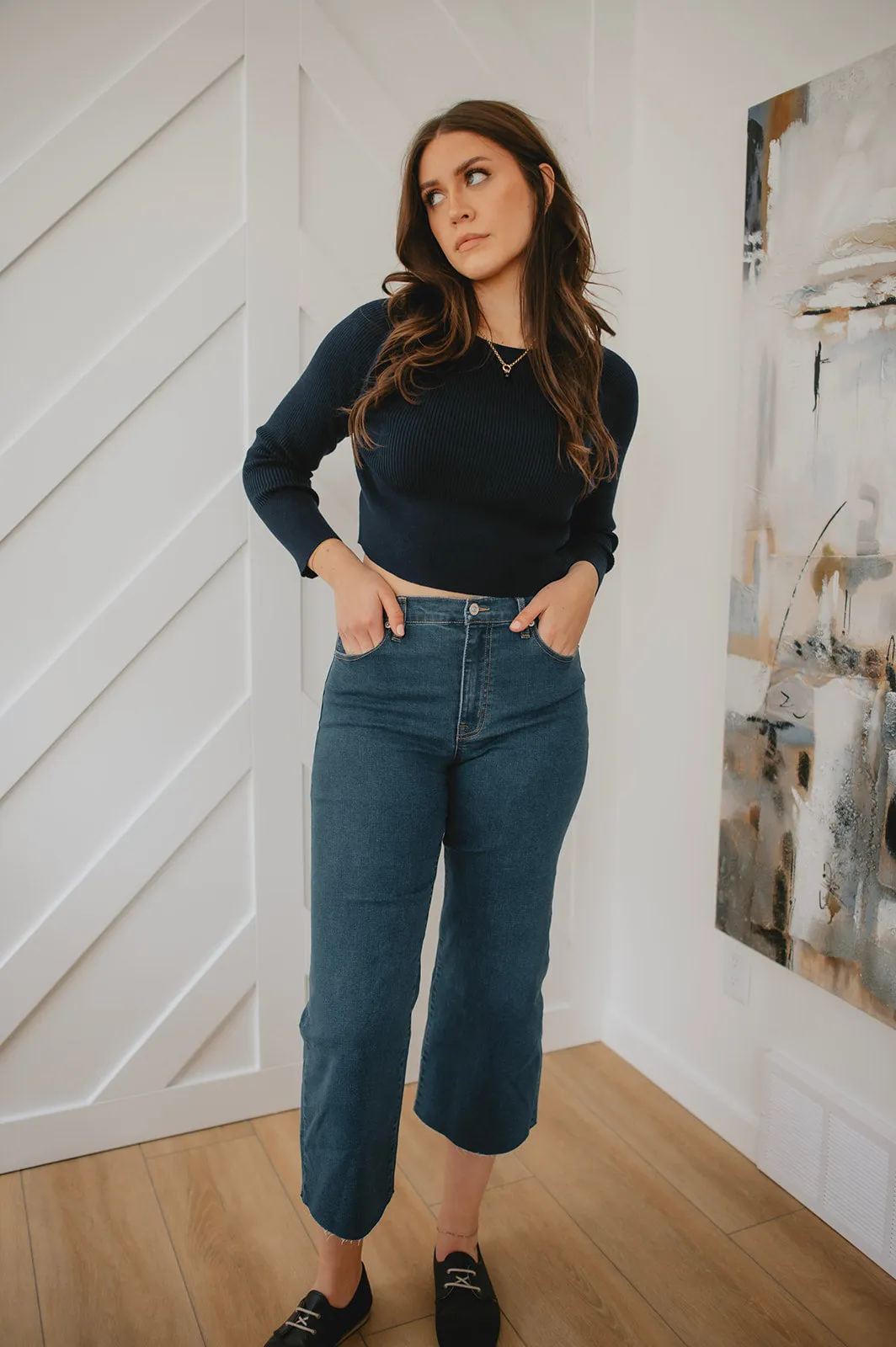 The Ribbed Knit Cropped Top - Navy