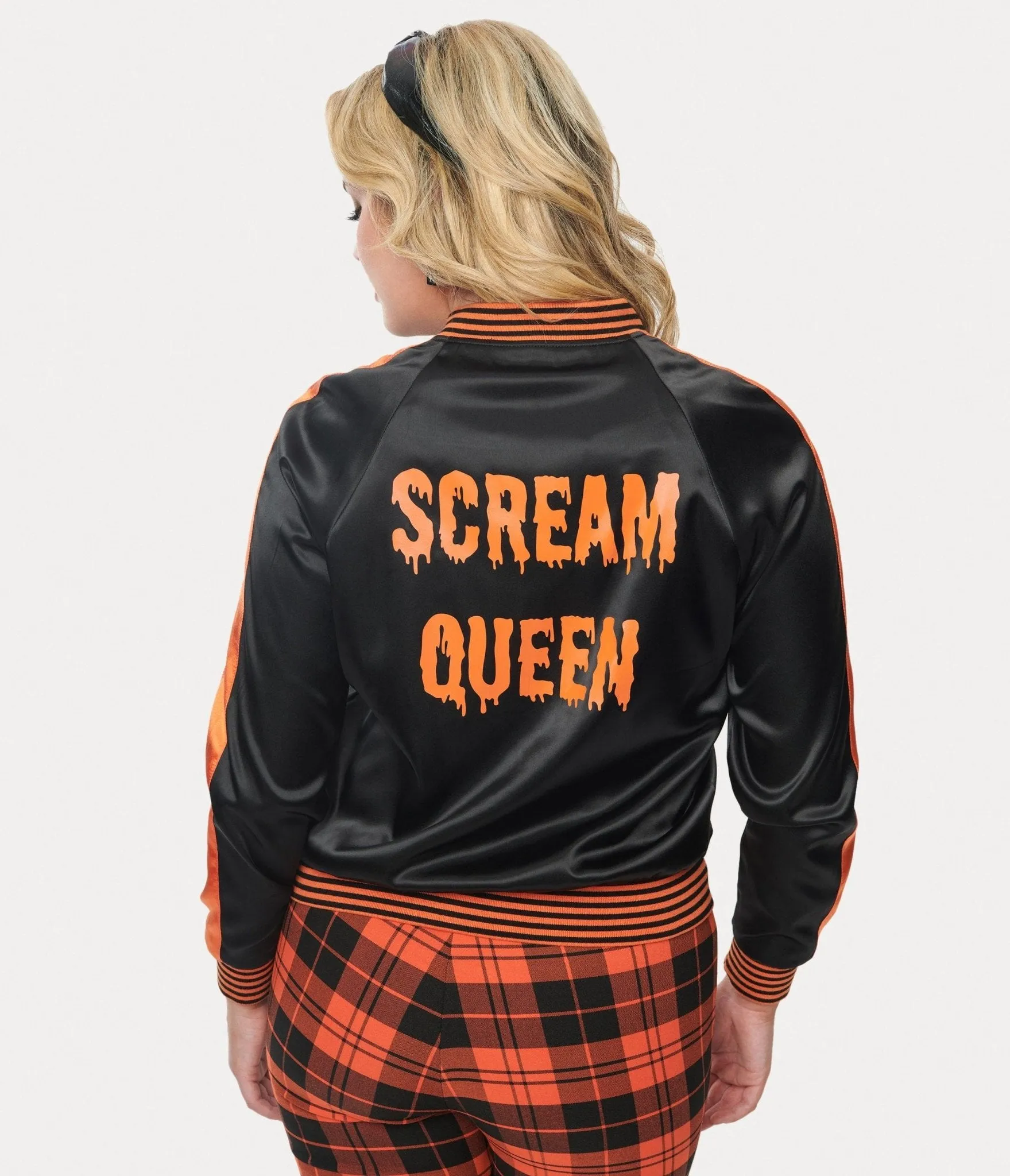 Unique Vintage Black & Orange Scream Queen Satin Bomber Jacket