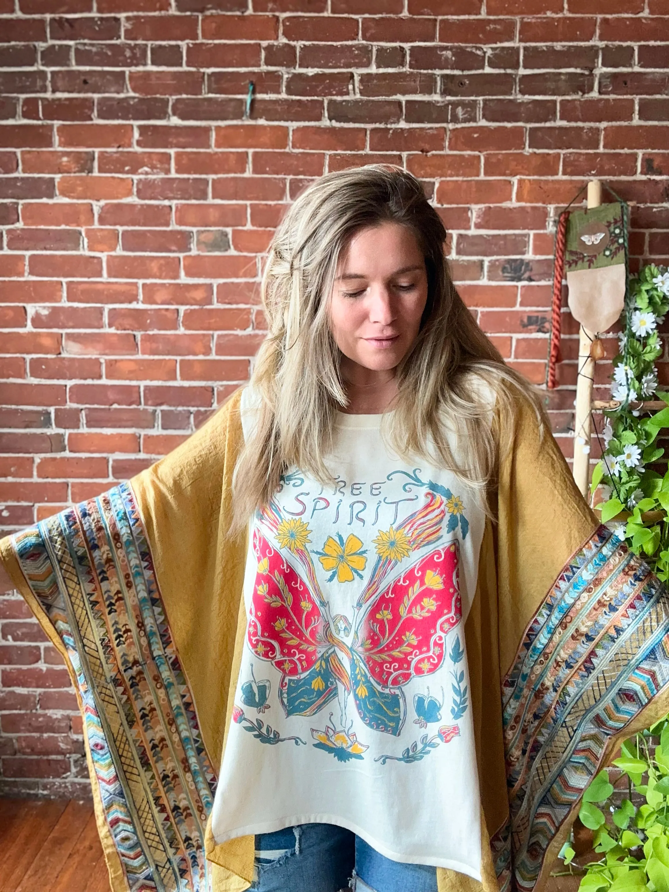 Upcycled Free Spirit Butterfly Embroidered Poncho