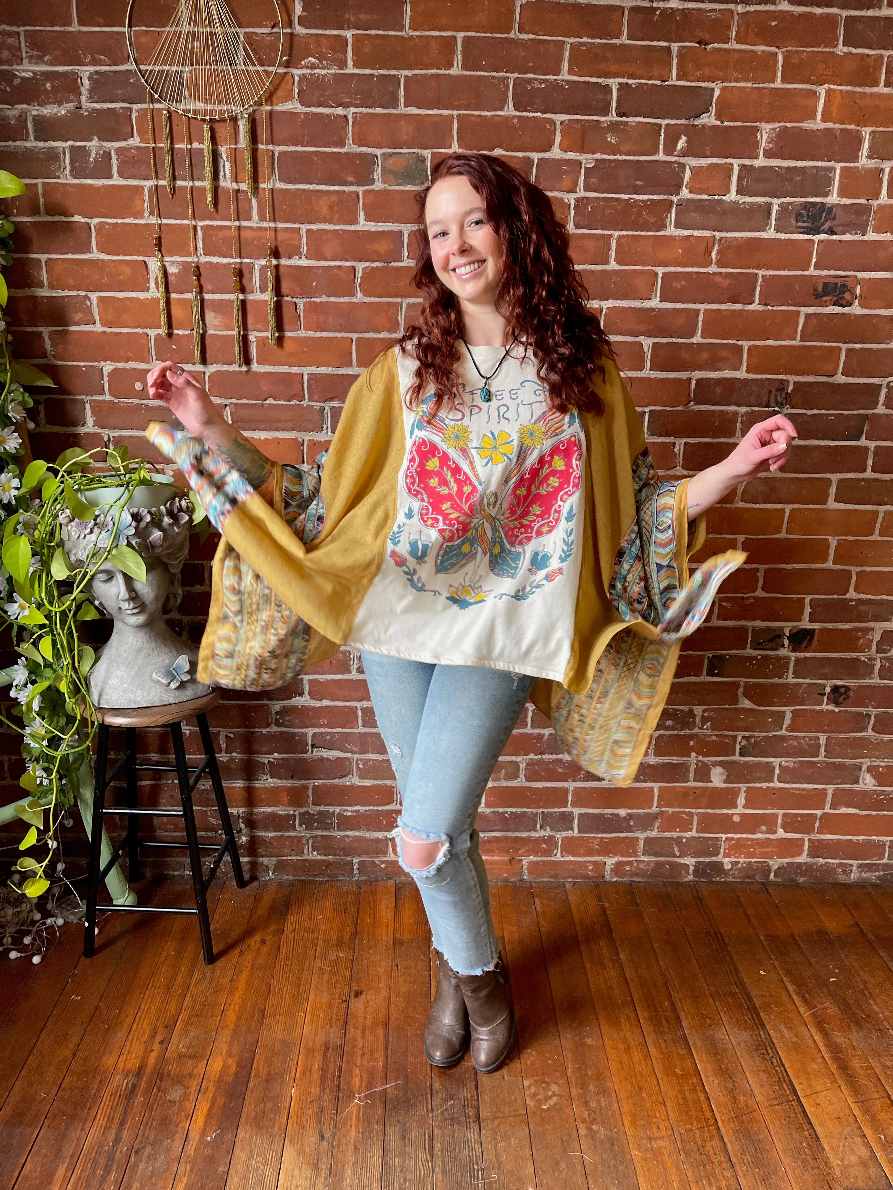 Upcycled Free Spirit Butterfly Embroidered Poncho