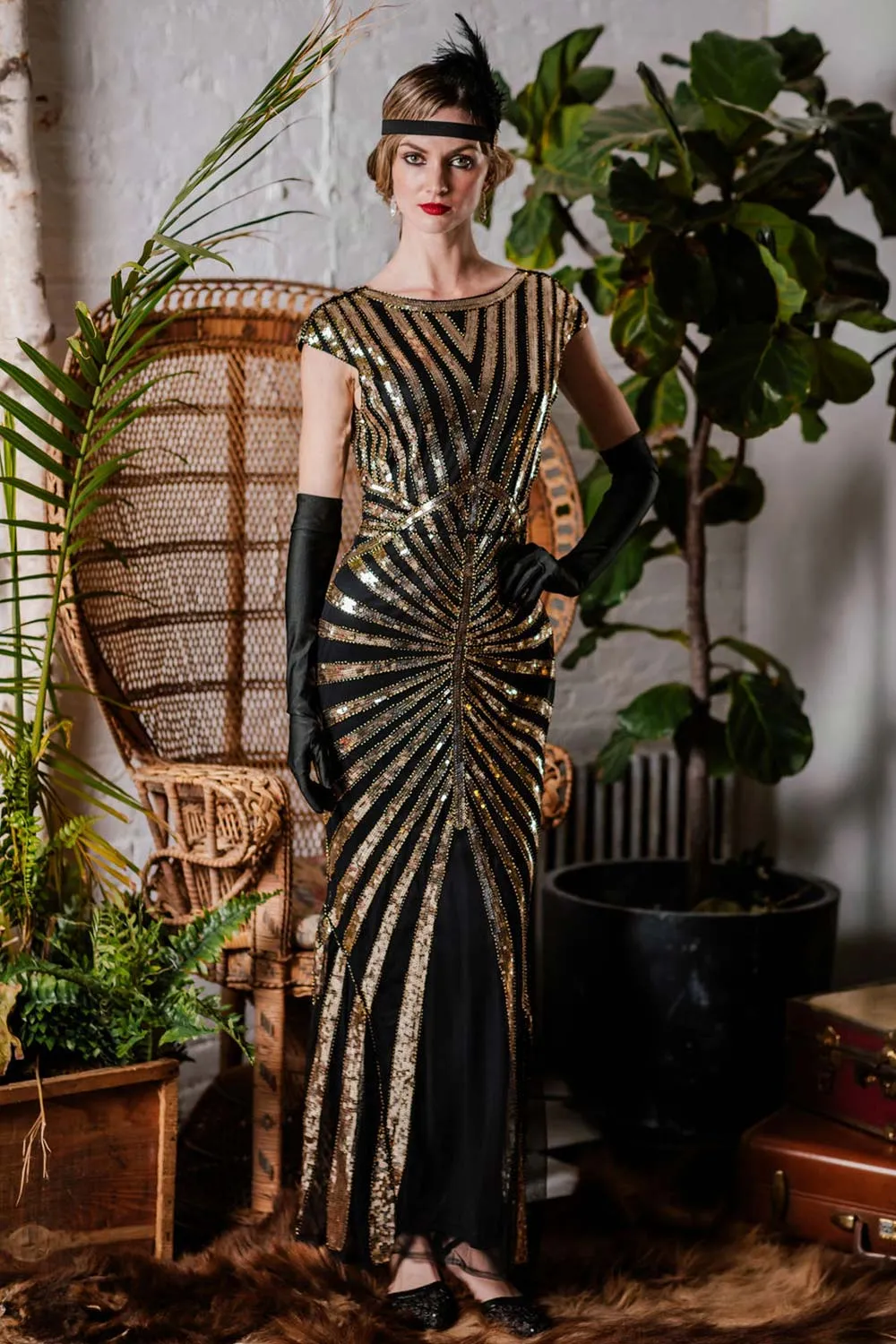 [US Warehouse] Gold 1920s Sequin Art Deco Maxi Dress