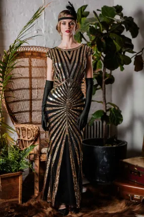 [US Warehouse] Gold 1920s Sequin Art Deco Maxi Dress