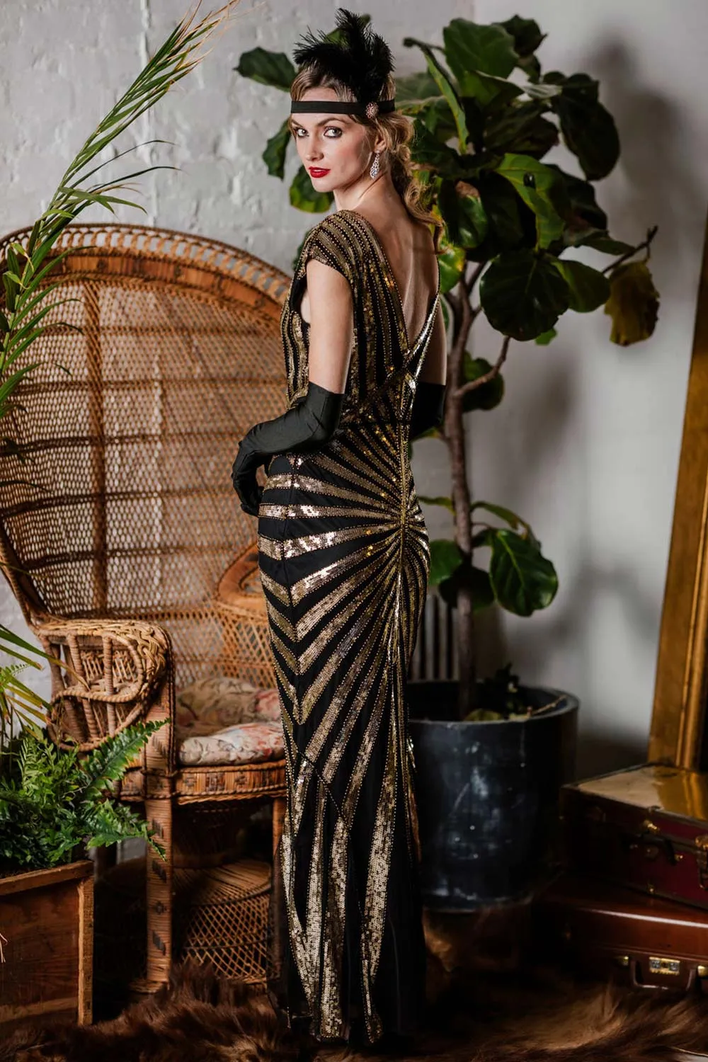 [US Warehouse] Gold 1920s Sequin Art Deco Maxi Dress