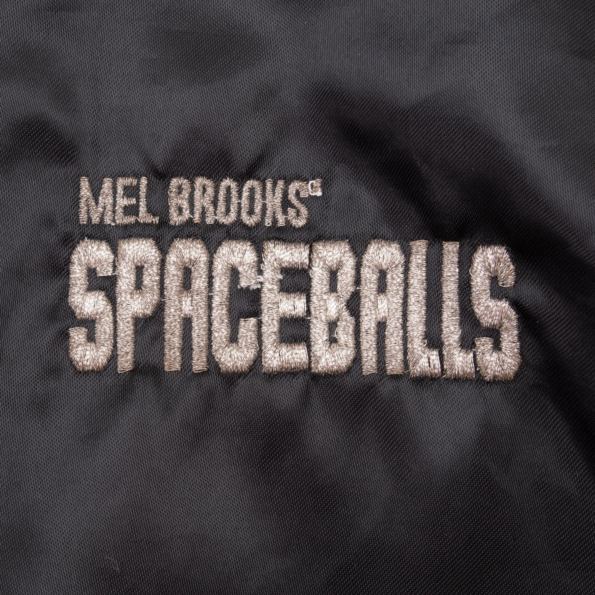 VINTAGE MEL BROOKS SPACEBALLS MOVIE BLACK SATIN BOMBER JACKET 1987 MEDIUM MADE IN USA