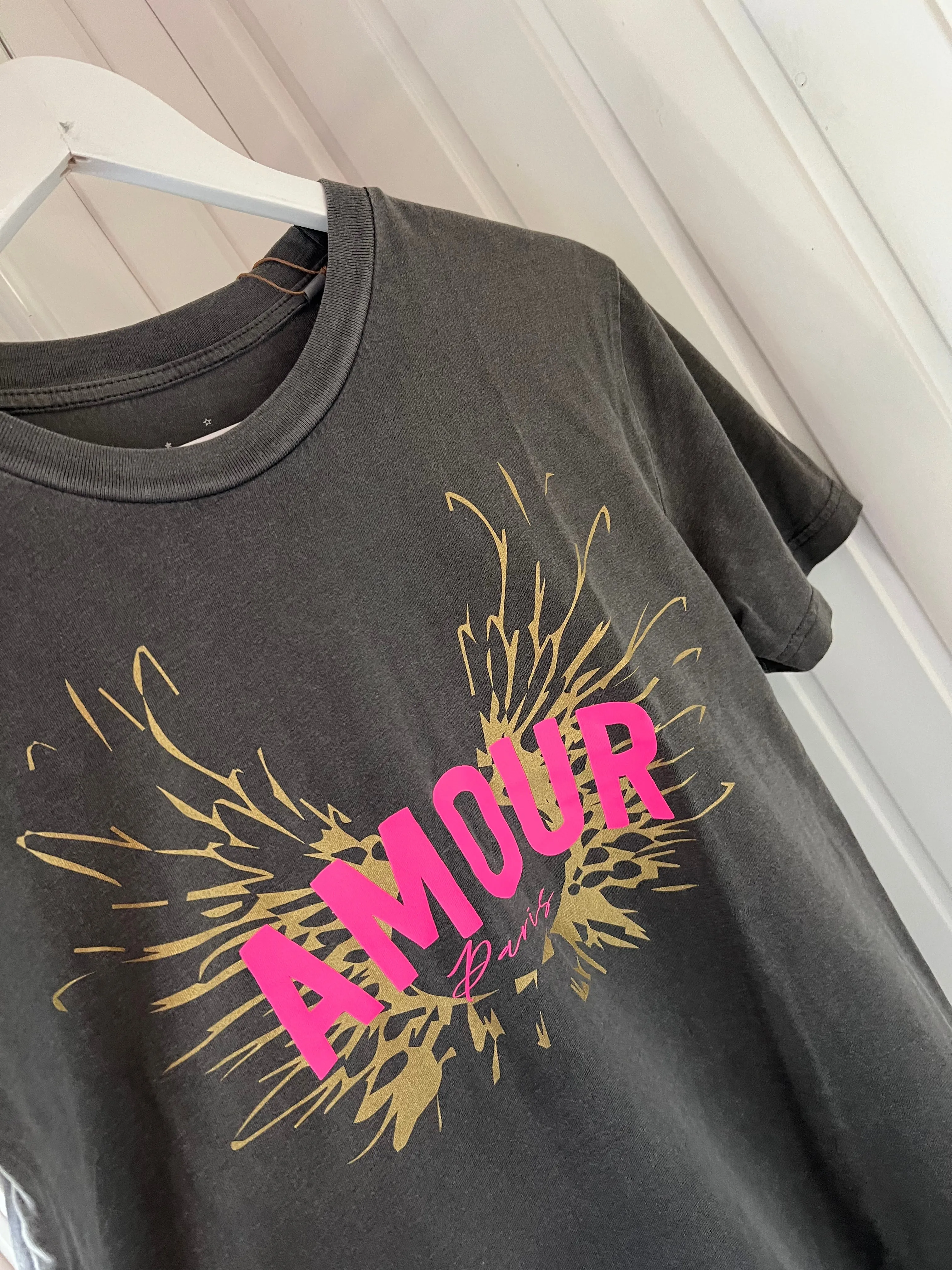 Vintage washed neon pink & gold AMOUR charcoal tee *boyfriend fit* *BACK IN STOCK*