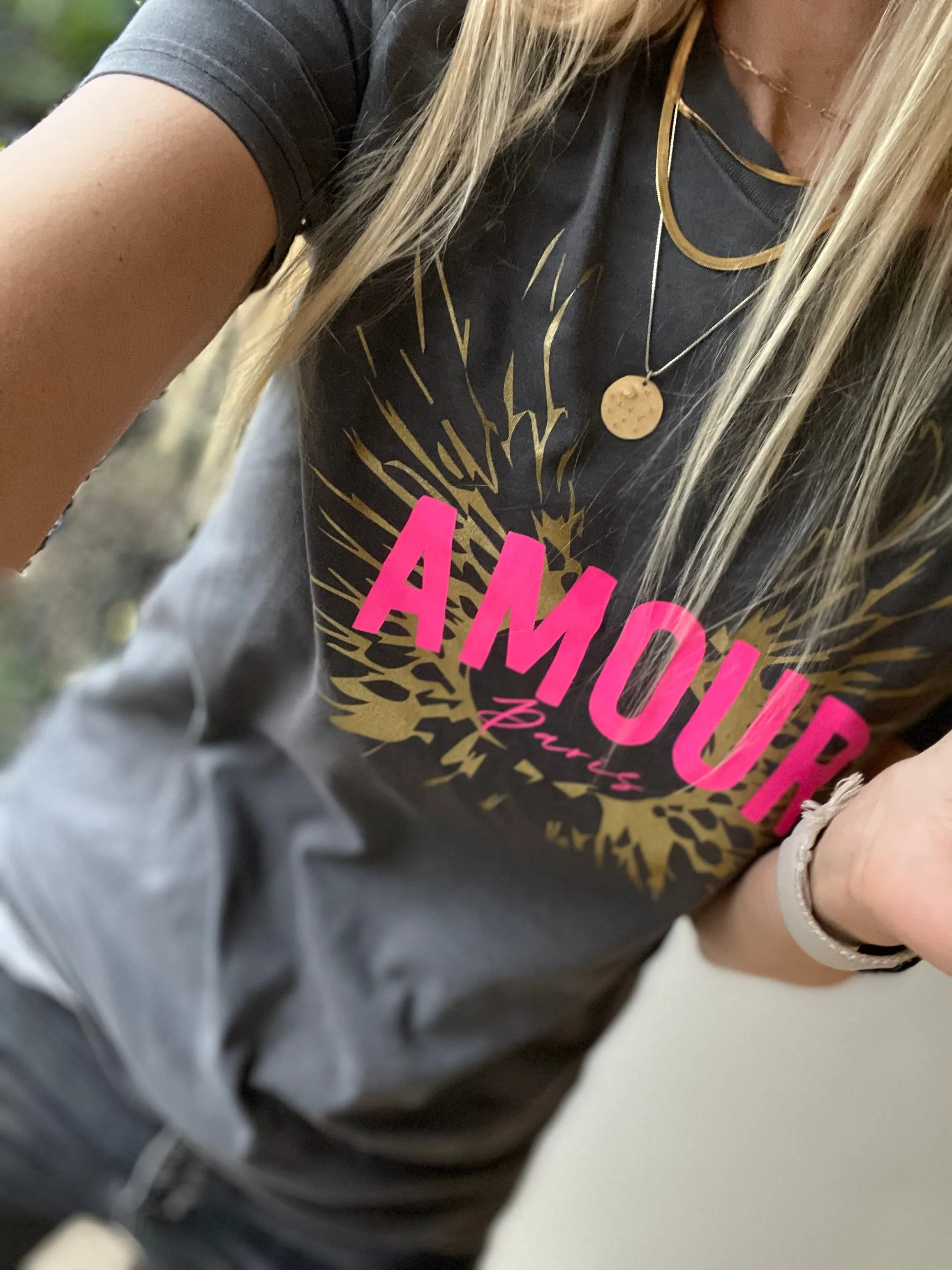 Vintage washed neon pink & gold AMOUR charcoal tee *boyfriend fit* *BACK IN STOCK*