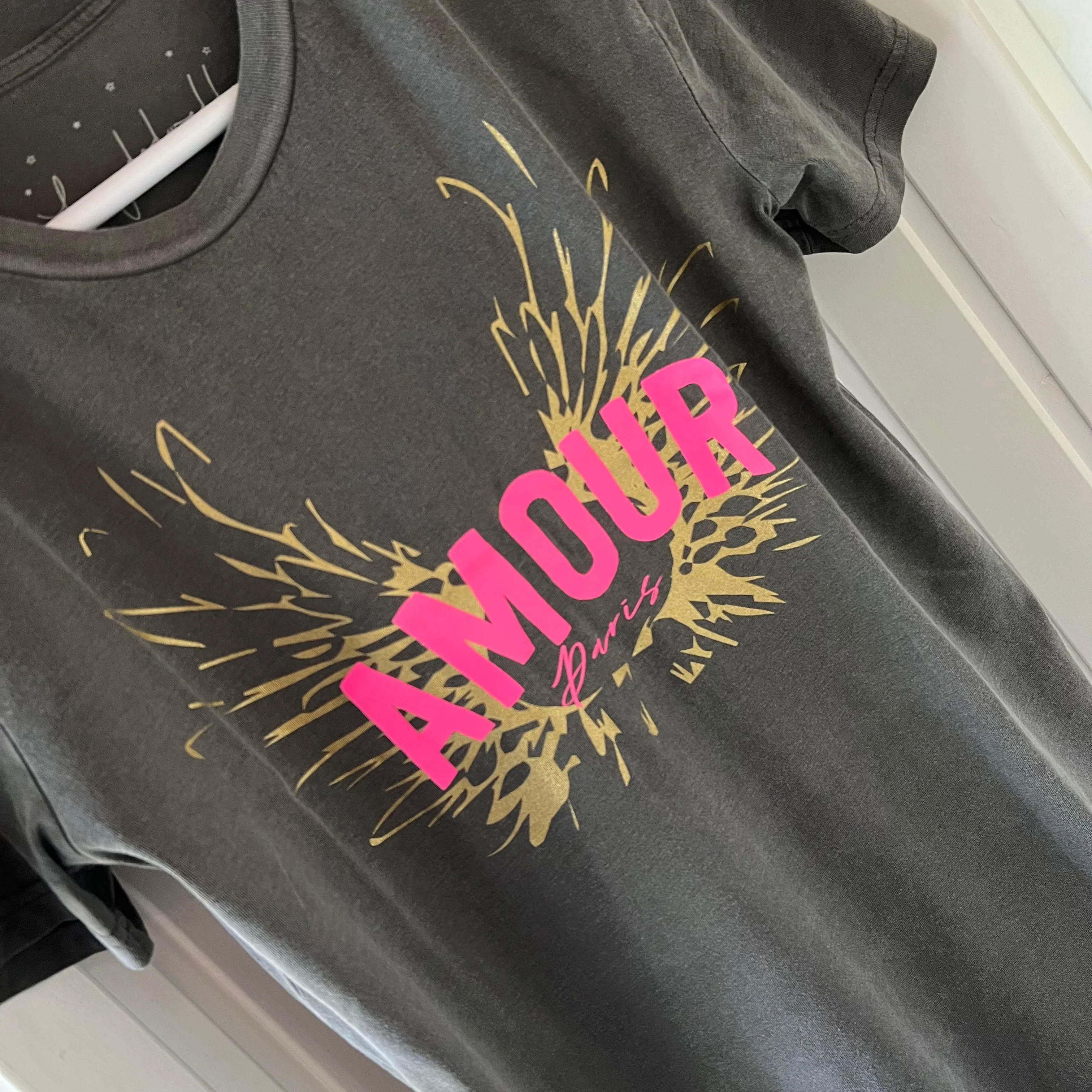 Vintage washed neon pink & gold AMOUR charcoal tee *boyfriend fit* *BACK IN STOCK*