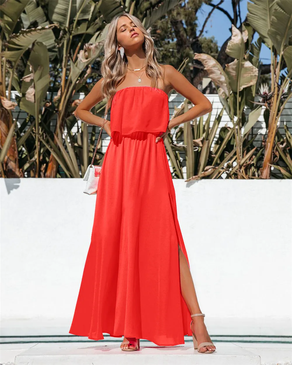 Vivid Strapless Slit Maxi Dress - Bright Orange