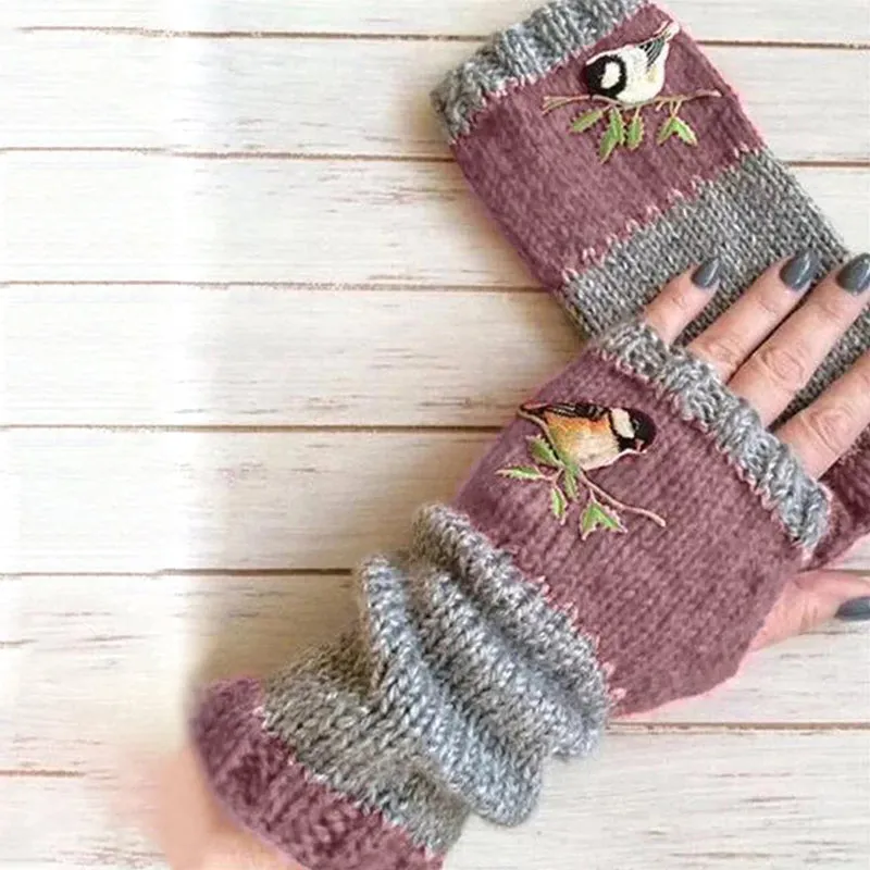 Warm Patchwork Embroidered Gloves