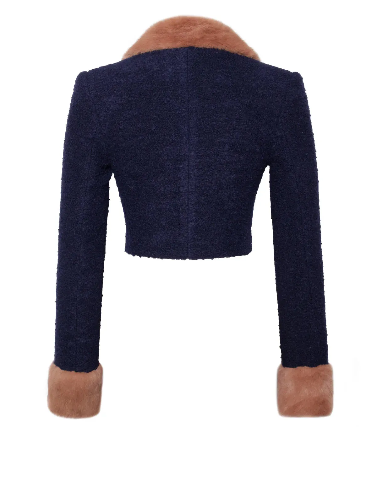 Wava Navy Blue Double Breast Fur Trim Cropped Boucle Wool Jacket