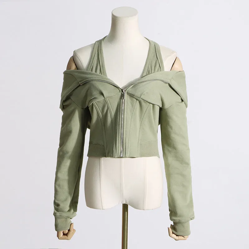 Wenkouban bomber jacket Convertible Bomber Jacket - ARMY GREEN 2024 New Fashion Personalized Women's Short Sweater Waist Slimming Hooded Sweater Women's Autumn Korean Style