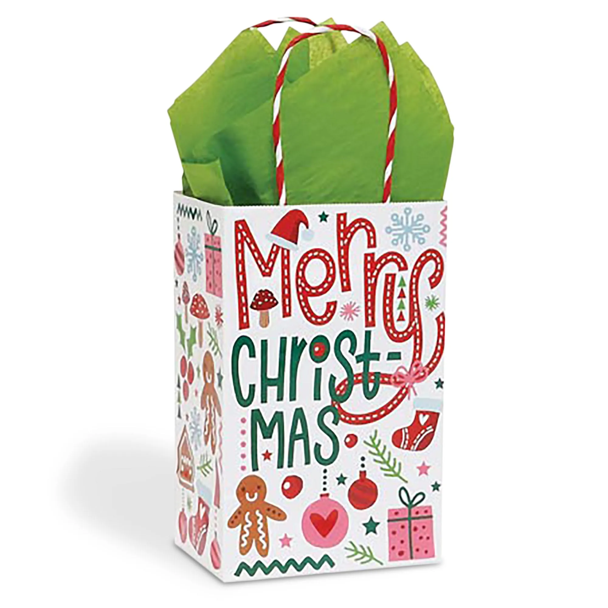 Whimsical Christmas Icons Holiday Paper Gift Bags, Small 5.25x3.5x8.25 (12 Pack)