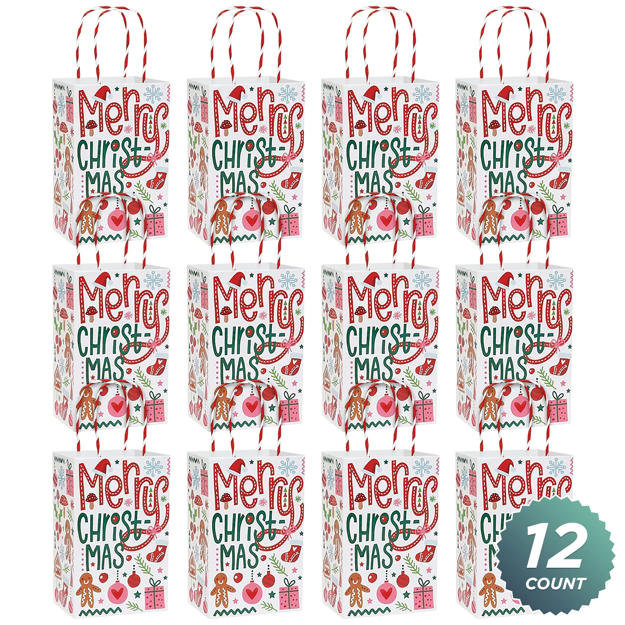 Whimsical Christmas Icons Holiday Paper Gift Bags, Small 5.25x3.5x8.25 (12 Pack)