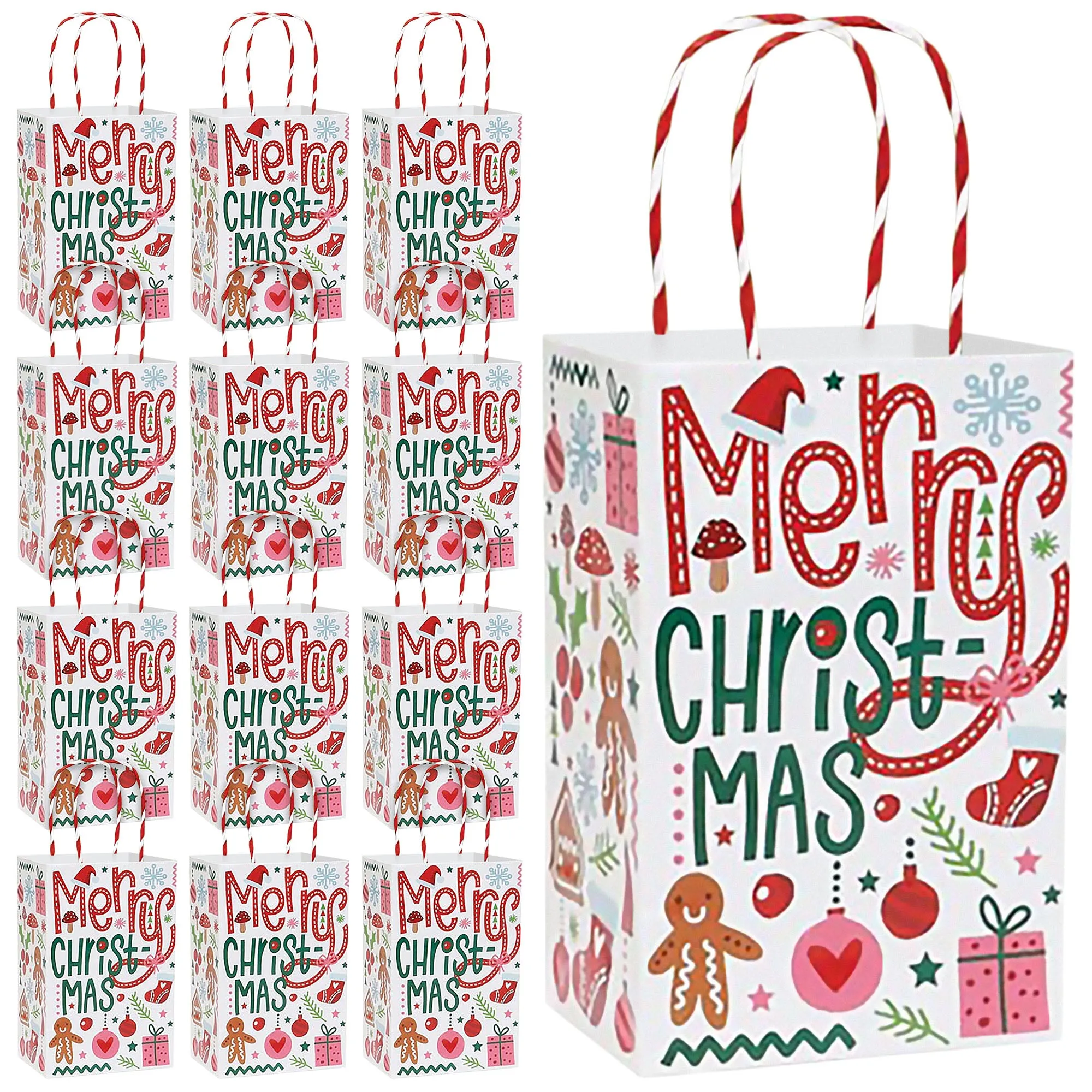 Whimsical Christmas Icons Holiday Paper Gift Bags, Small 5.25x3.5x8.25 (12 Pack)