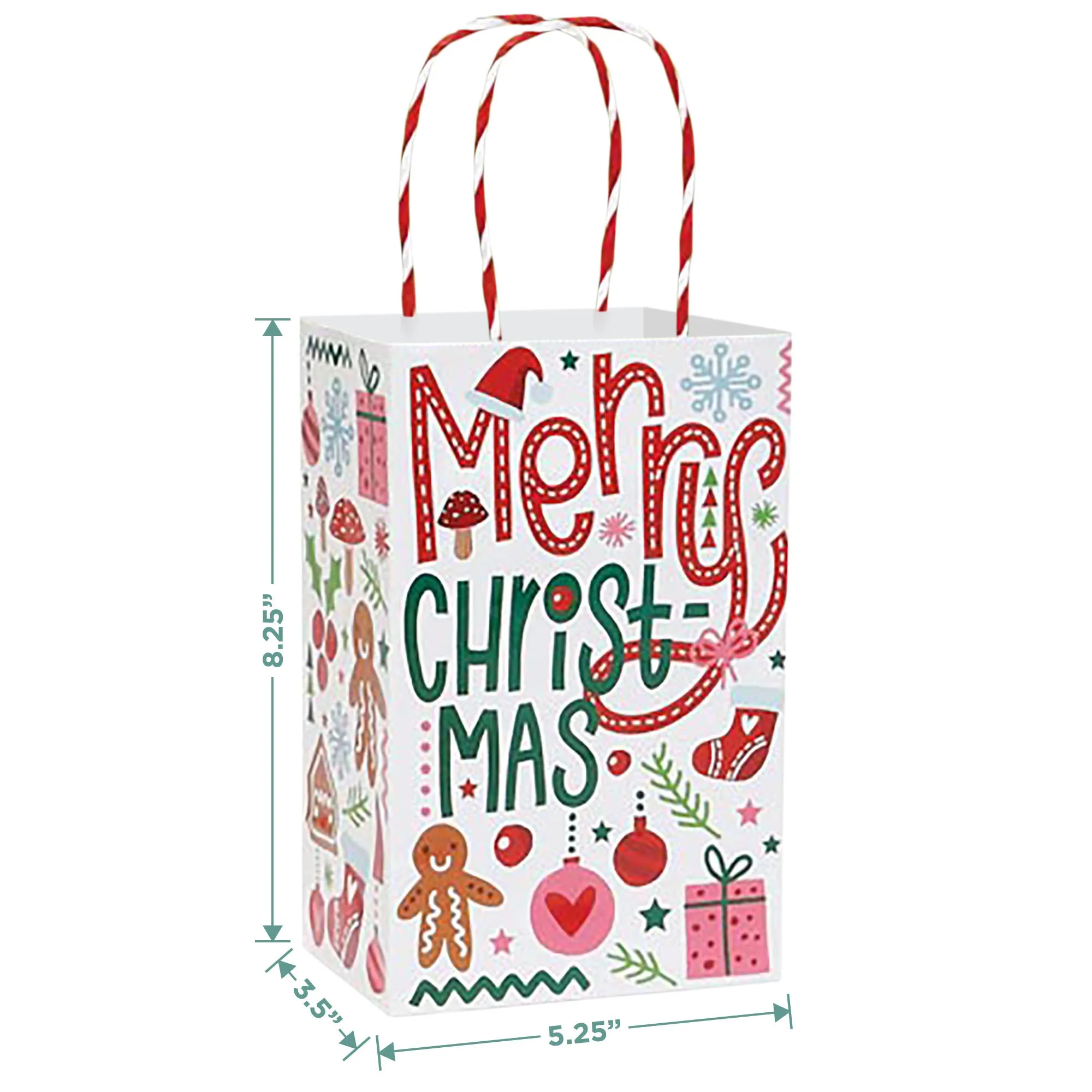 Whimsical Christmas Icons Holiday Paper Gift Bags, Small 5.25x3.5x8.25 (12 Pack)