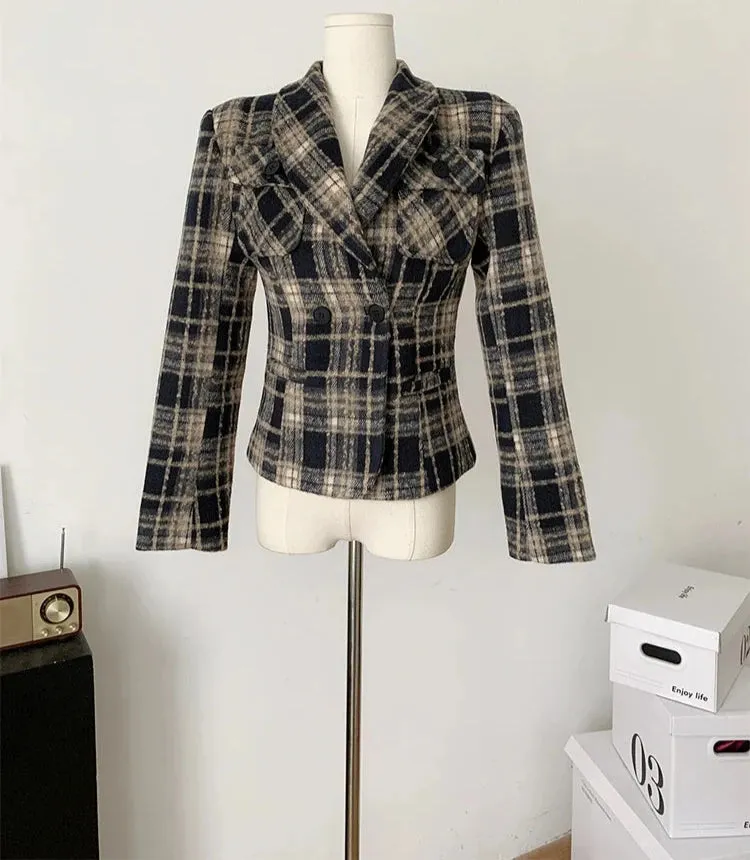 Winter Women Korean Fashion 90s Vintage Old Money Woolen Blazer Plaid Coat Double Breasted Office Lady Cropped Jacket Design New