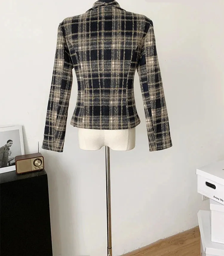 Winter Women Korean Fashion 90s Vintage Old Money Woolen Blazer Plaid Coat Double Breasted Office Lady Cropped Jacket Design New