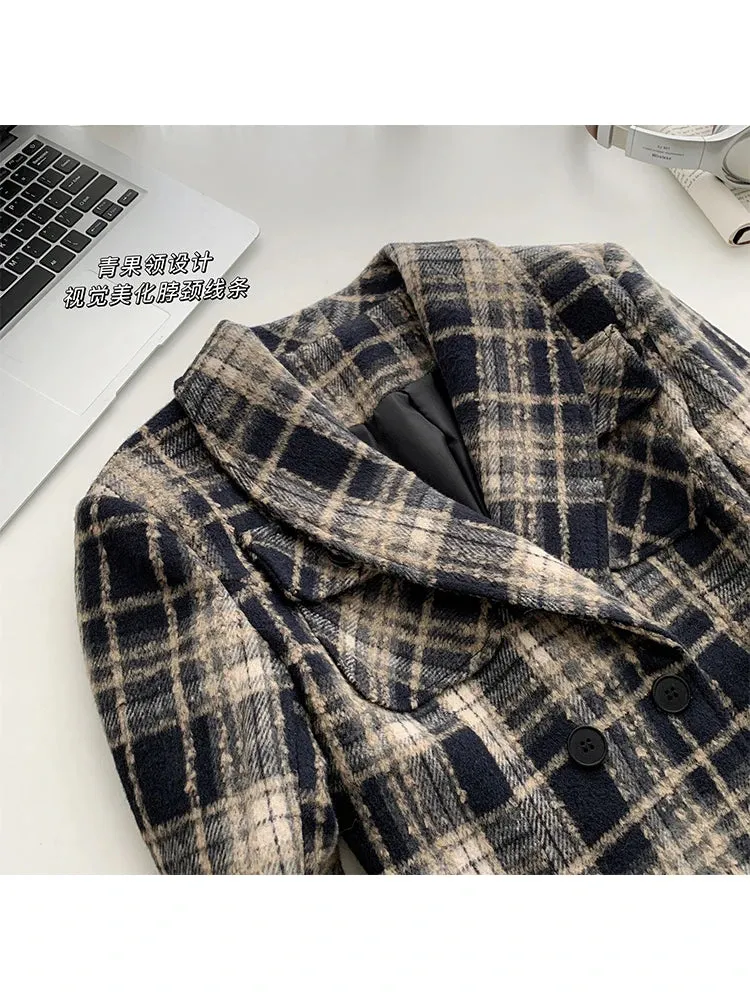 Winter Women Korean Fashion 90s Vintage Old Money Woolen Blazer Plaid Coat Double Breasted Office Lady Cropped Jacket Design New