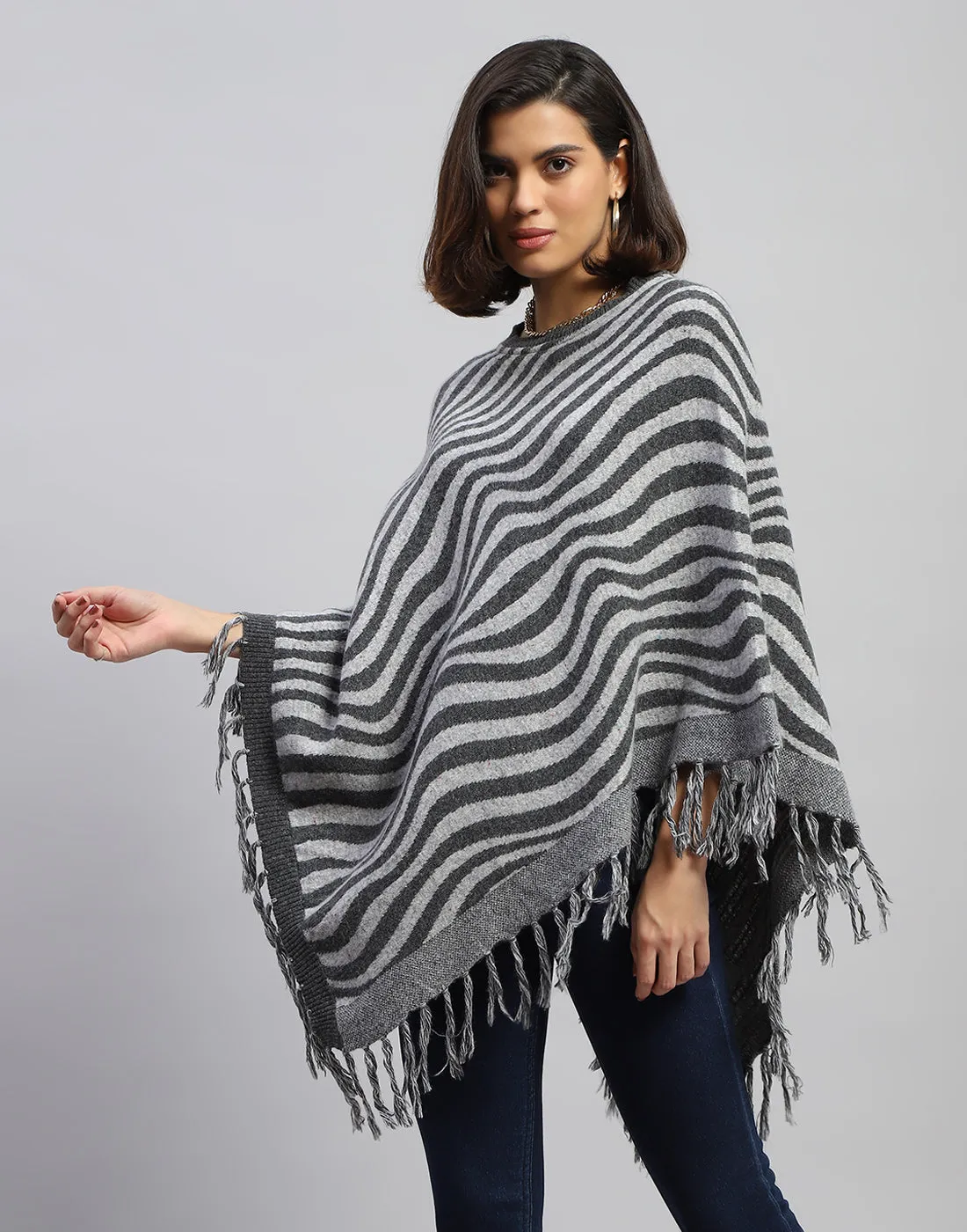 Women Grey Self Design Round Neck  Poncho