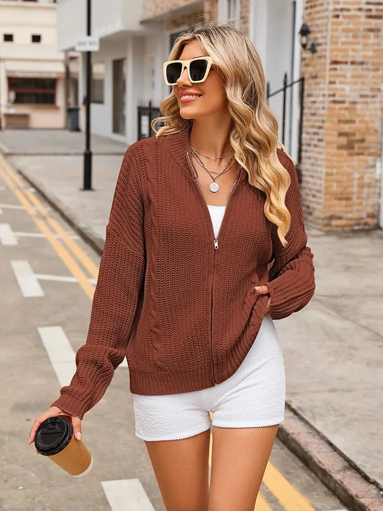 Women Long Sleeve Full Zipper Chunky Knit Cardigans Jacket Coat