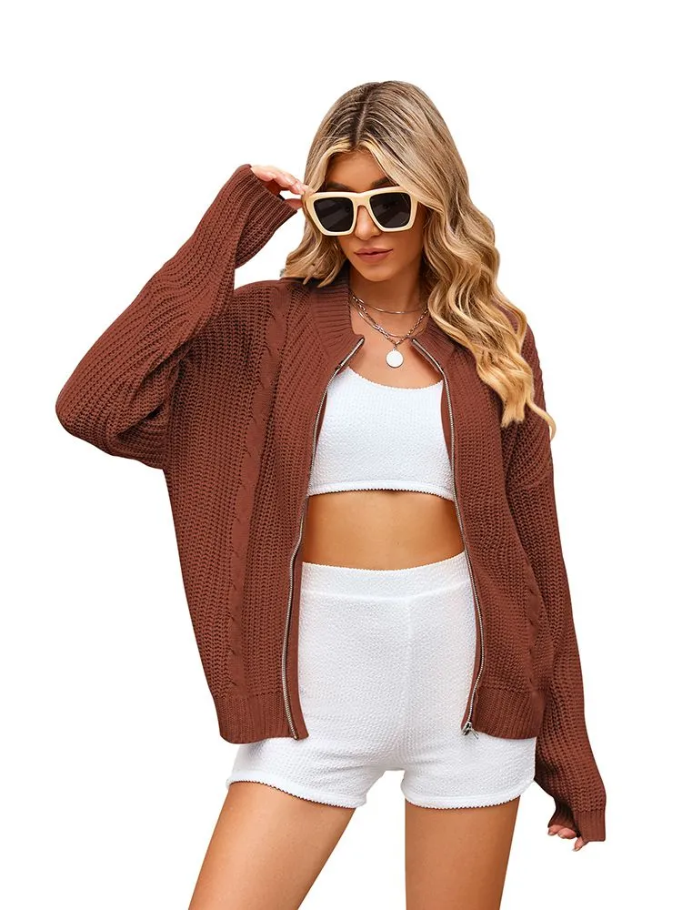 Women Long Sleeve Full Zipper Chunky Knit Cardigans Jacket Coat