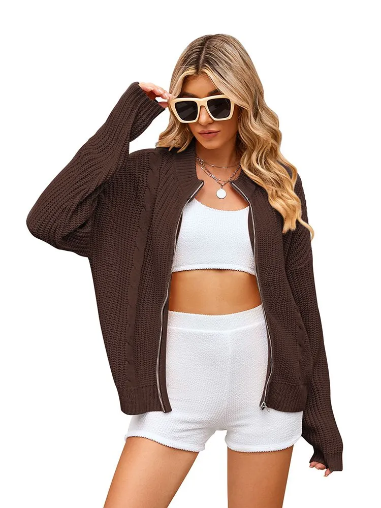 Women Long Sleeve Full Zipper Chunky Knit Cardigans Jacket Coat