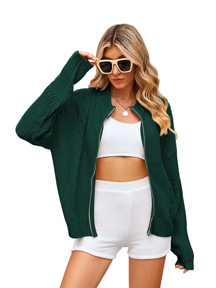 Women Long Sleeve Full Zipper Chunky Knit Cardigans Jacket Coat