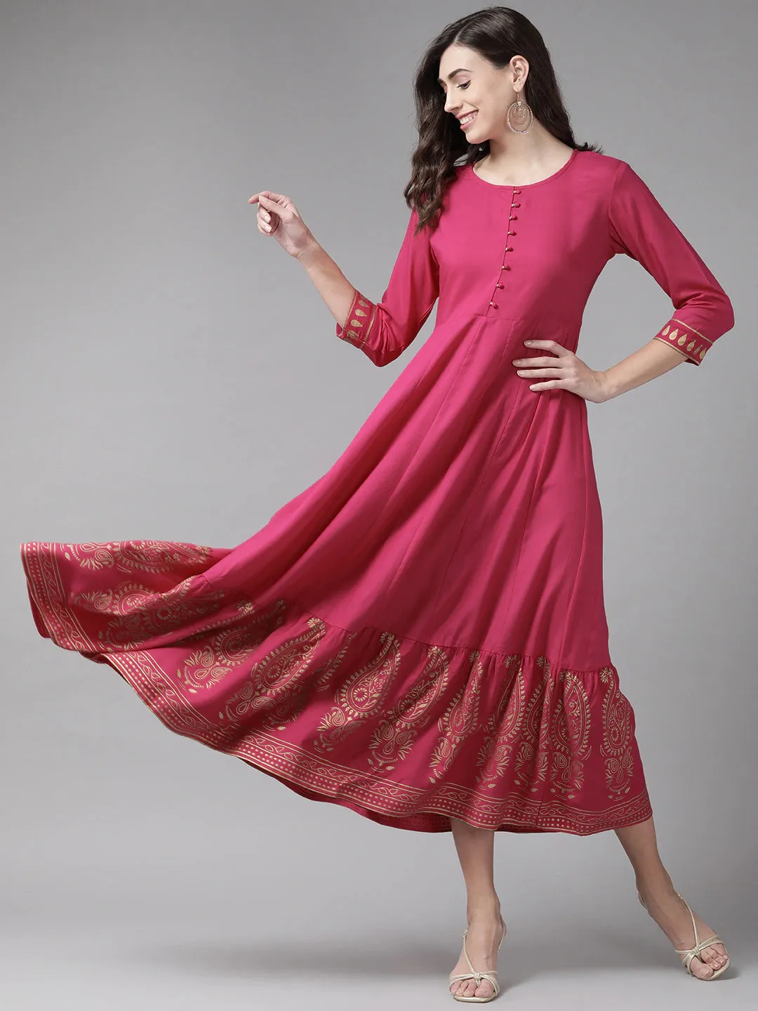 Women Magenta Viscose Rayon Dress