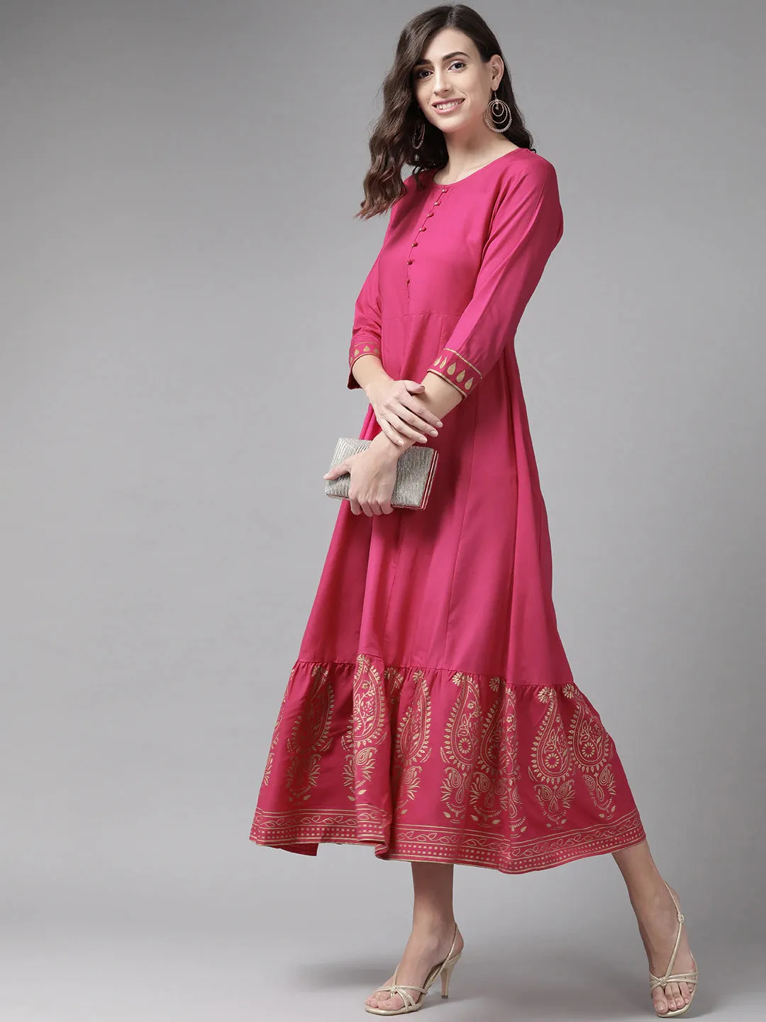 Women Magenta Viscose Rayon Dress