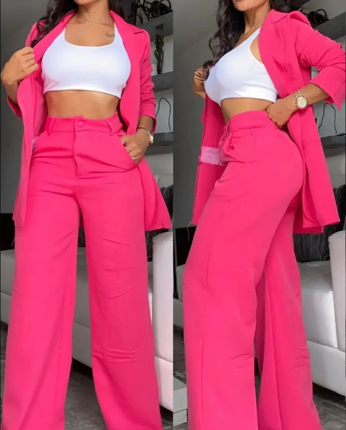 Women&#039;s Elegant Solid Color Split Sleeve Lapel Suit Pocket Straight Pants Suit