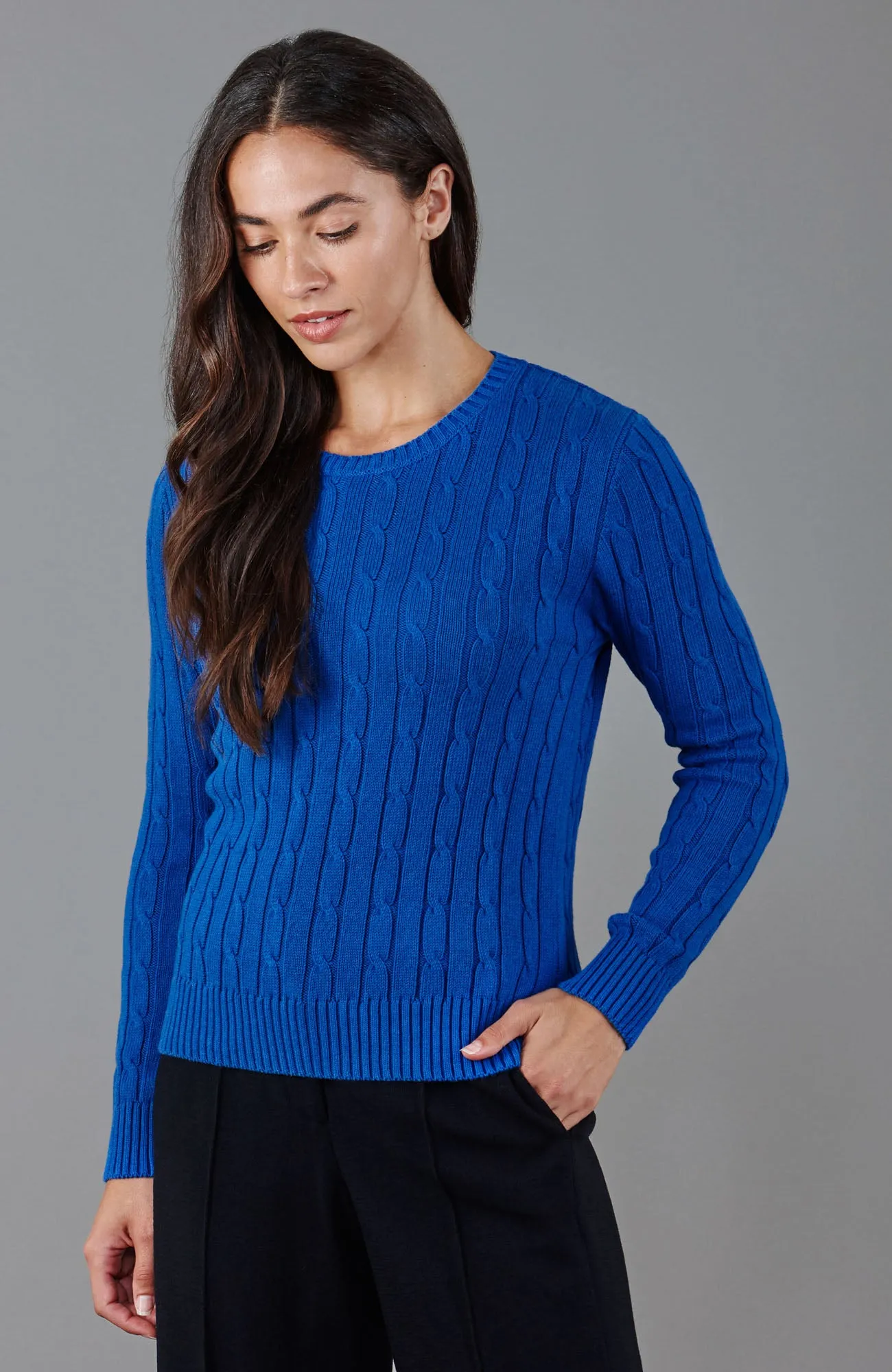 Womens Cotton Cable Crew Neck Jumper