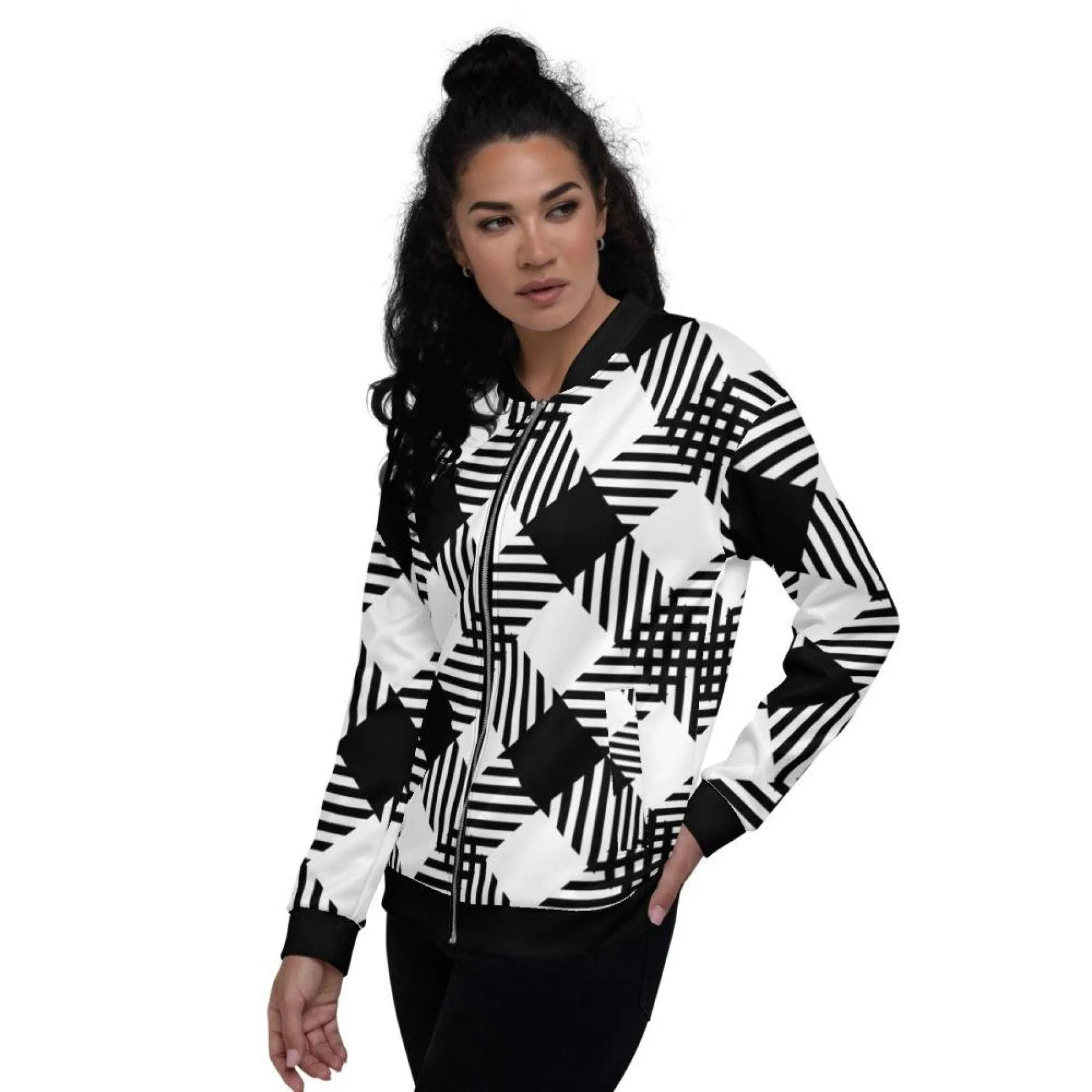 Womens Jacket - Black And White Grid Style Bomber Jacket