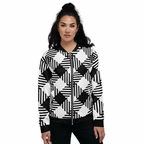 Womens Jacket - Black And White Grid Style Bomber Jacket