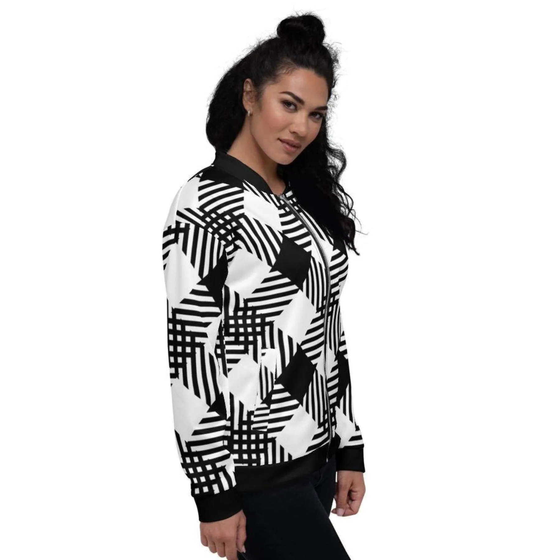 Womens Jacket - Black And White Grid Style Bomber Jacket