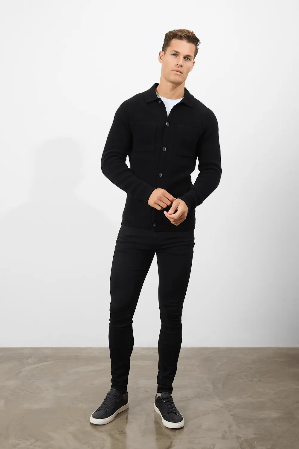 Wool Button Through Cardigan in Black