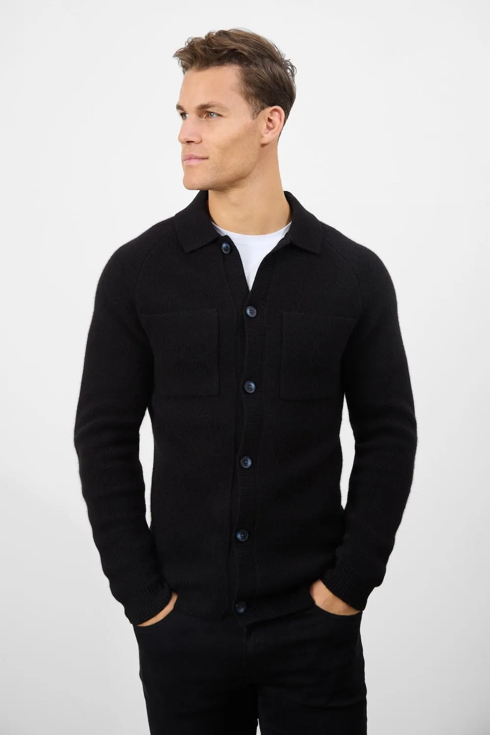 Wool Button Through Cardigan in Black