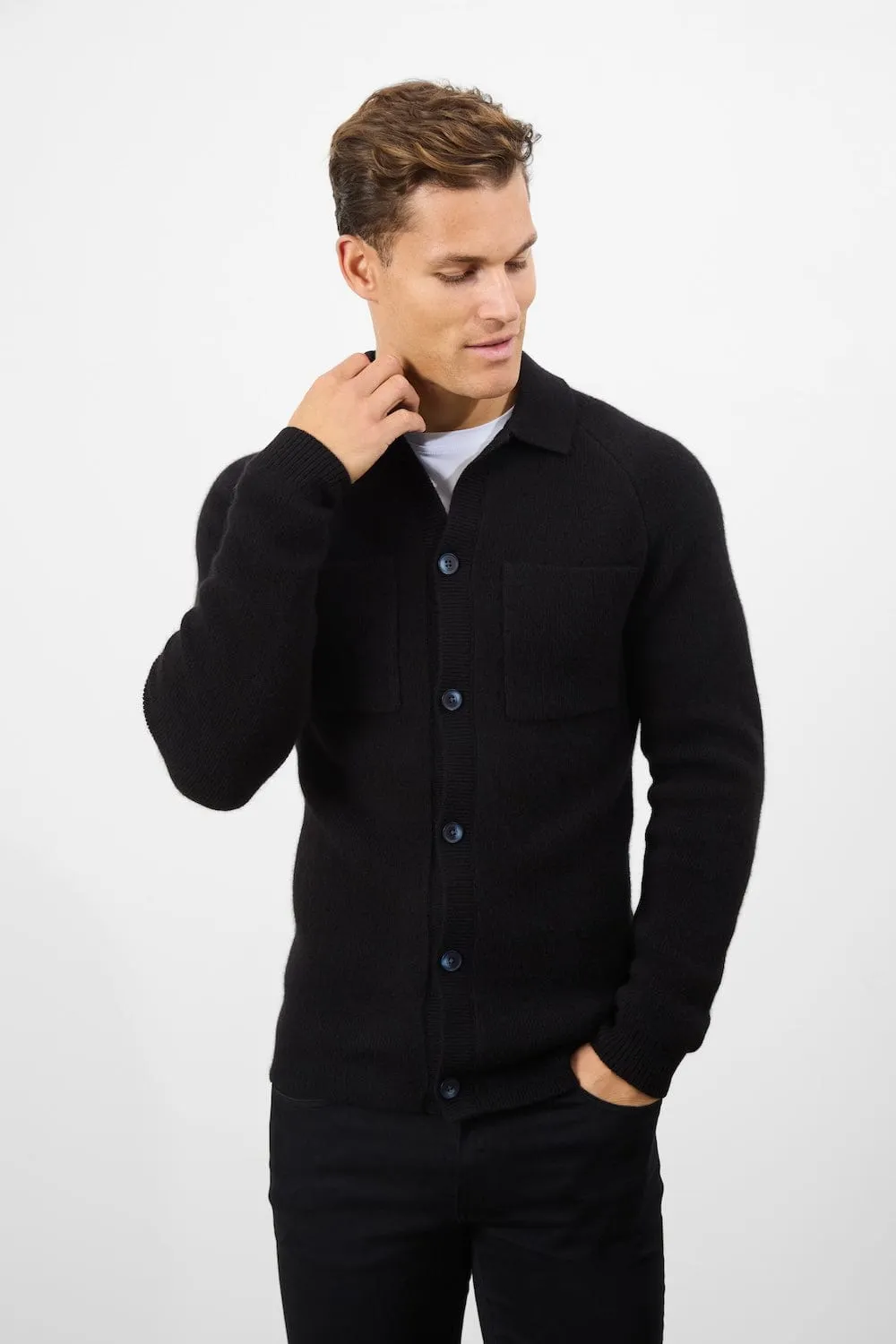 Wool Button Through Cardigan in Black