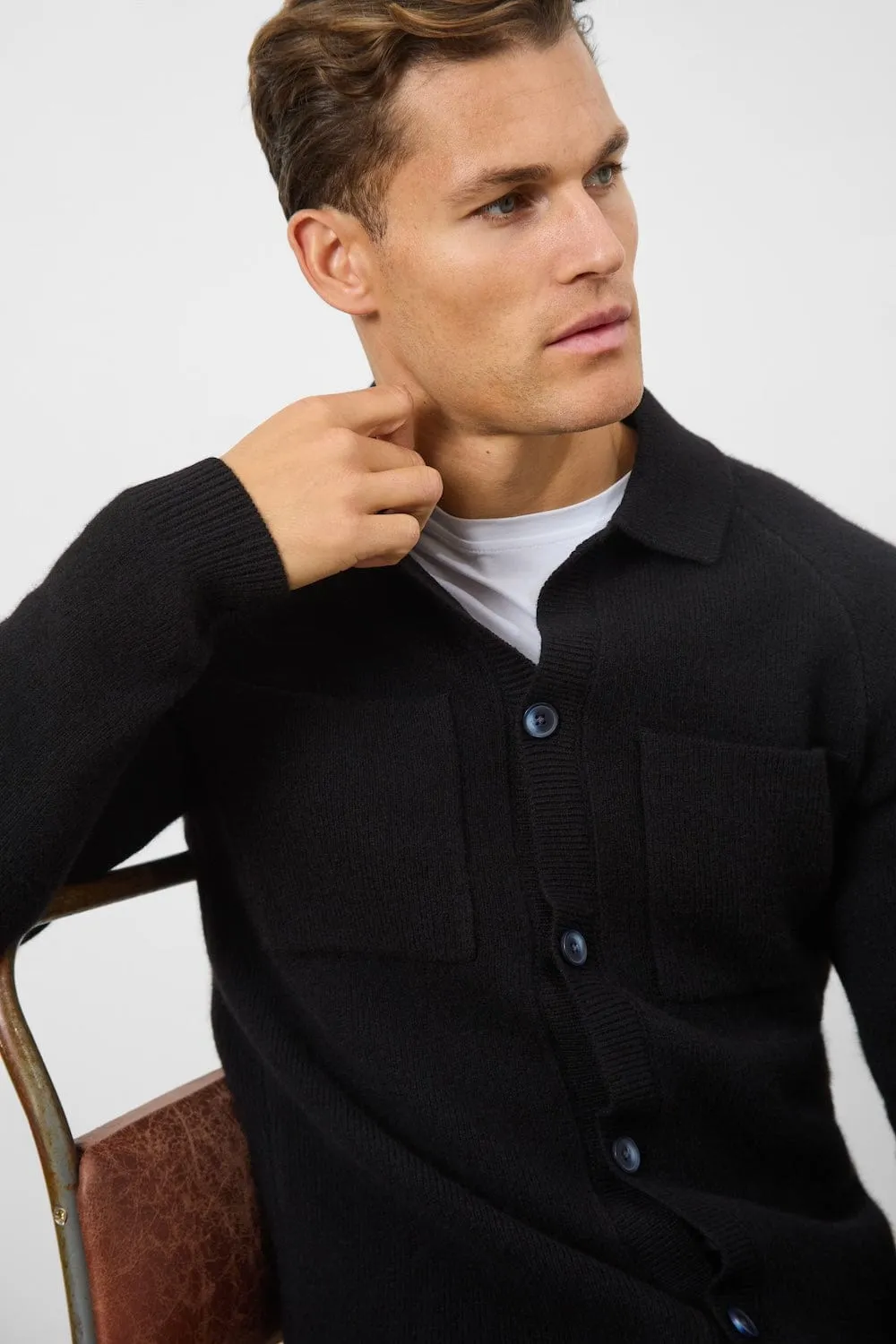 Wool Button Through Cardigan in Black