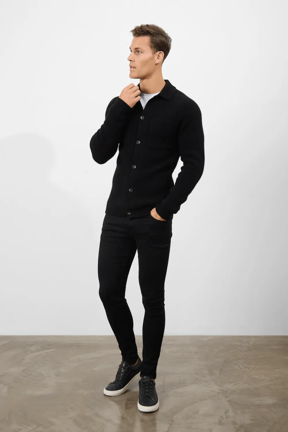 Wool Button Through Cardigan in Black