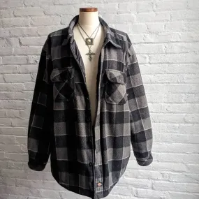 Y2K Vintage Dickies Grunge Grey Plaid Flannel Fleece Jacket Utility Blanket Coat