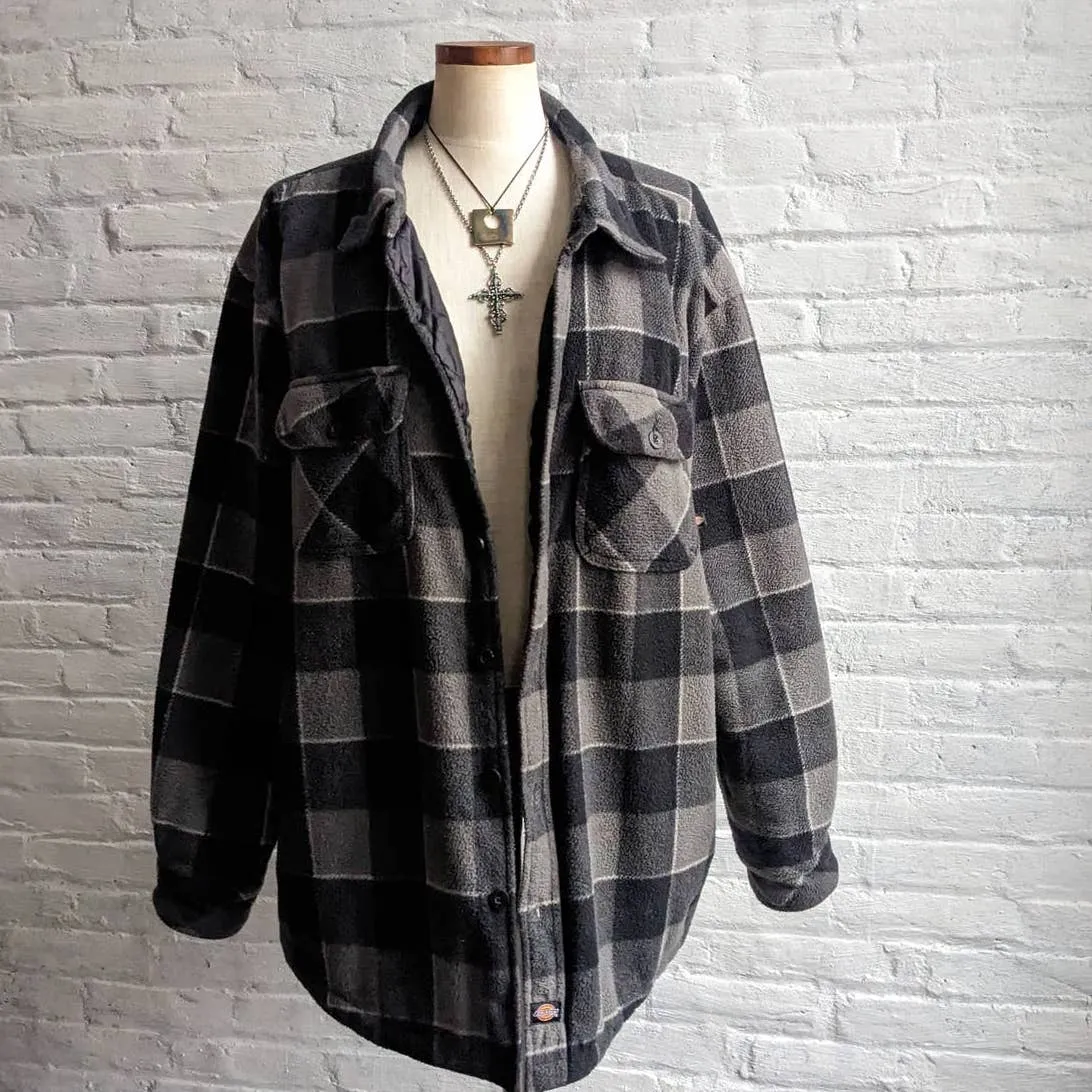 Y2K Vintage Dickies Grunge Grey Plaid Flannel Fleece Jacket Utility Blanket Coat