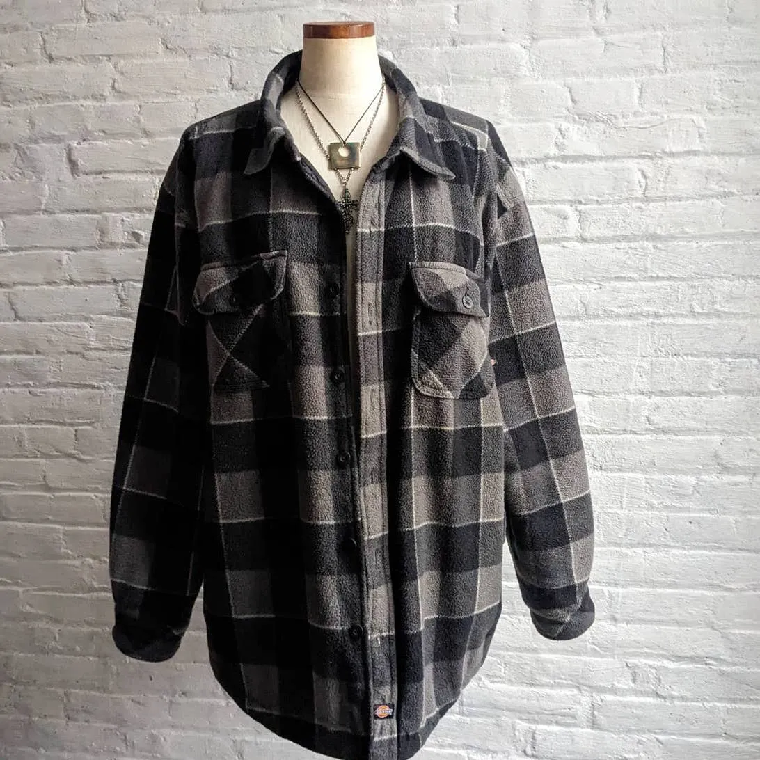 Y2K Vintage Dickies Grunge Grey Plaid Flannel Fleece Jacket Utility Blanket Coat