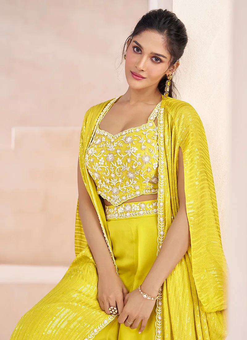 Yellow Handwork Embroidery Cape Style Palazzo Set