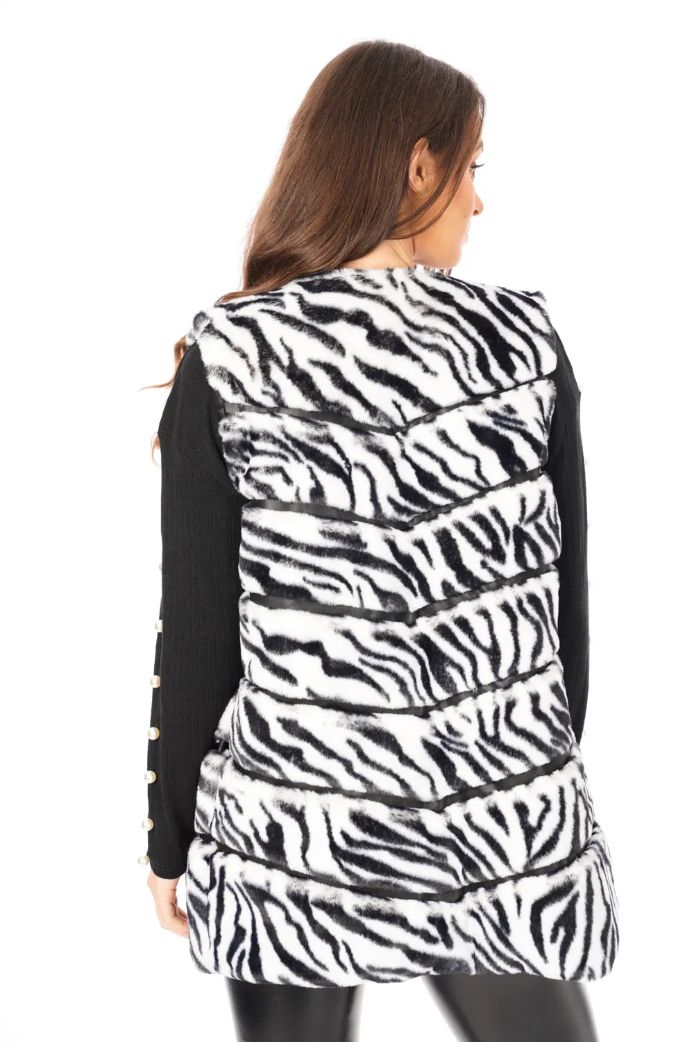 Zebra Print Chevron Soft Faux Fur Leather Panel Gilet