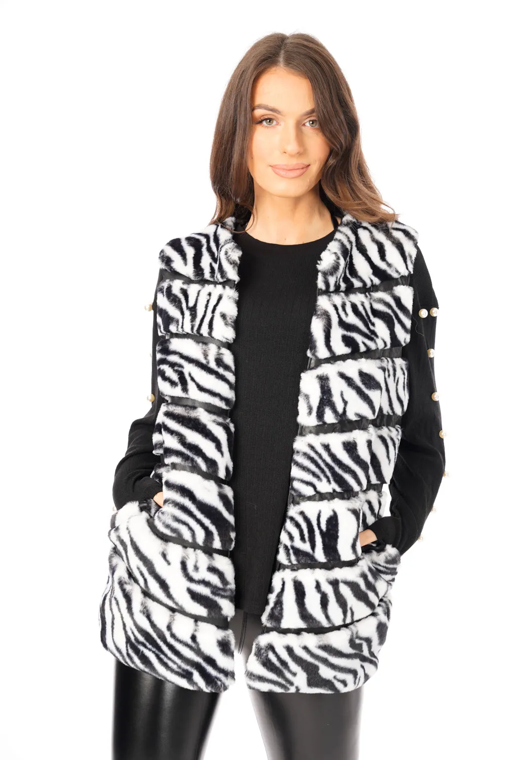 Zebra Print Chevron Soft Faux Fur Leather Panel Gilet