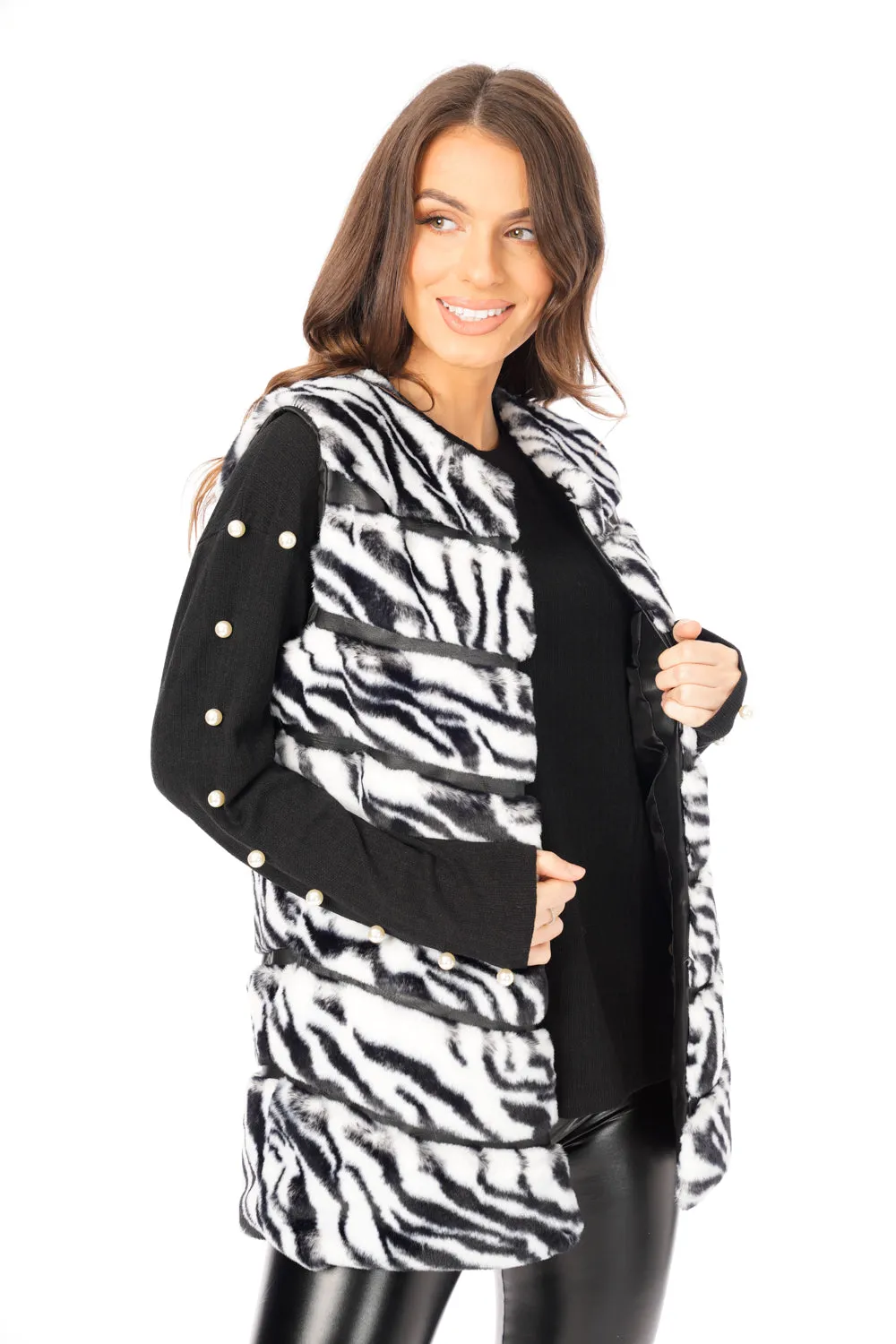 Zebra Print Chevron Soft Faux Fur Leather Panel Gilet