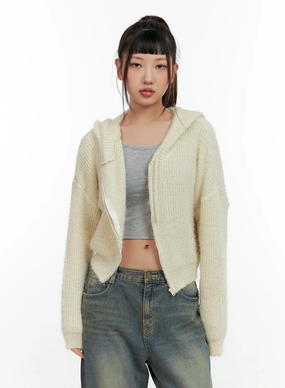 Zip-up Knit Hooded Cardigan CN401